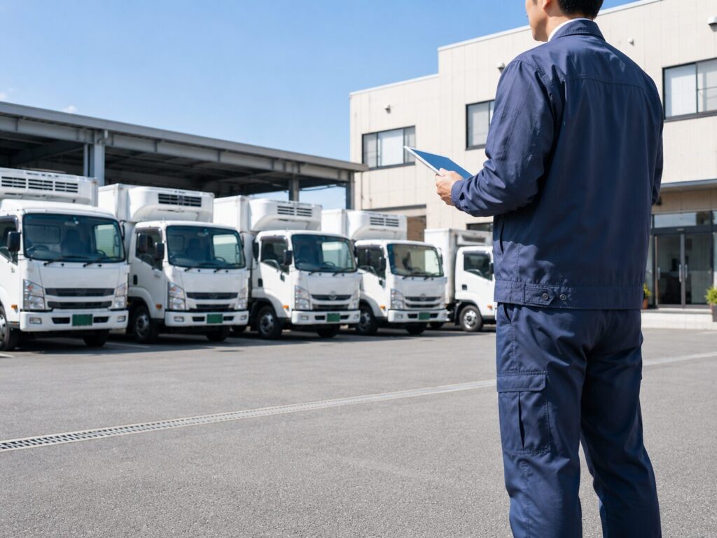 運送会社の車庫に並ぶ貨物トラックと経営者